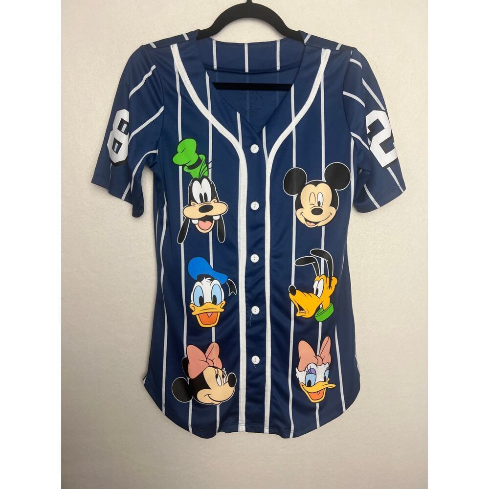 Disney Characters Front Button Women's Baseball Blue Striped Shirt SEE DESCRIP